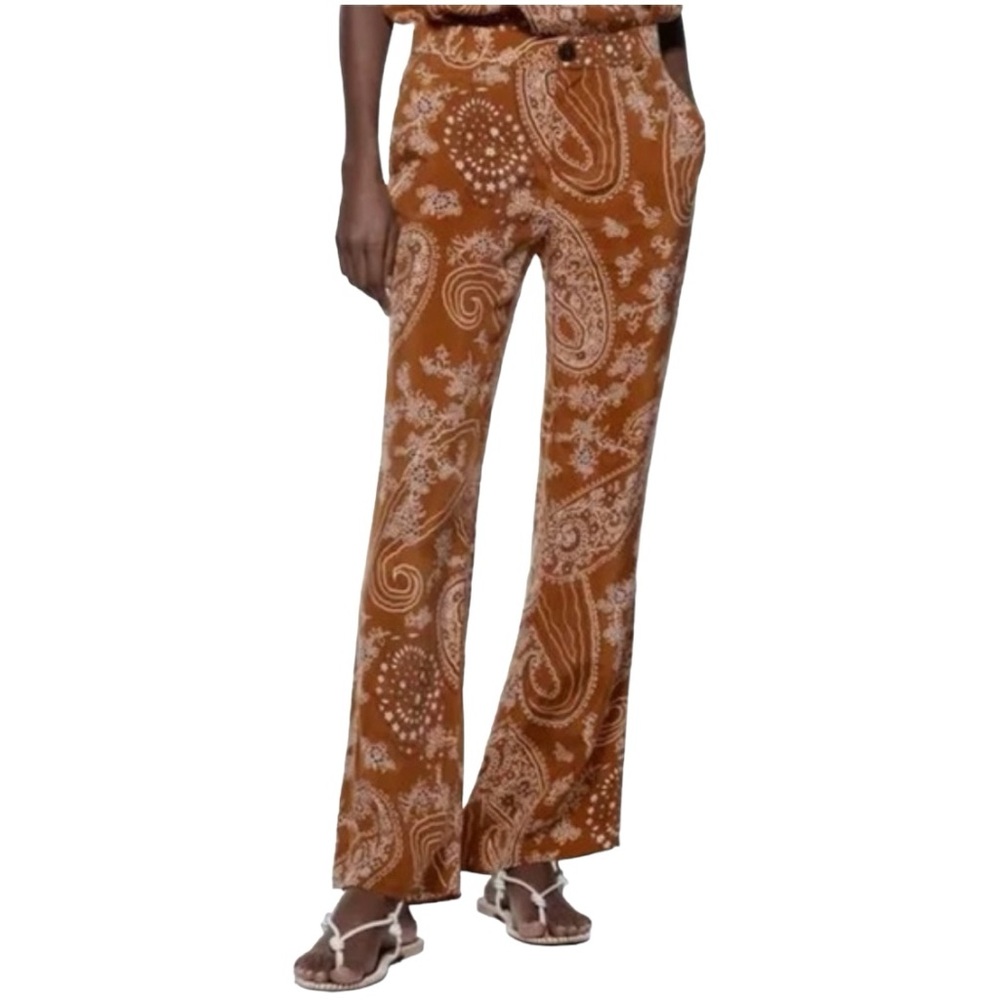 Zara Womens Paisley  Print  Wide Leg Flowy Back Elastic Pants Size XL
